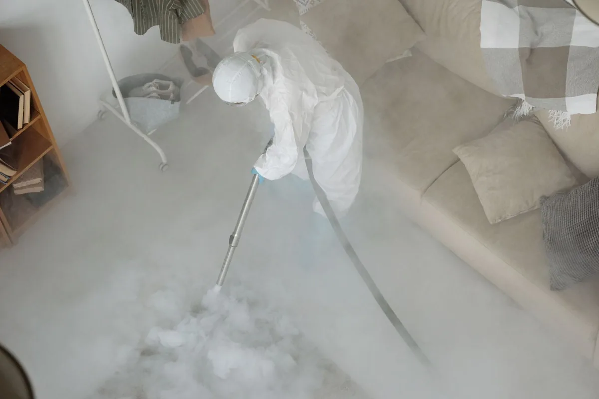 Biohazard cleanup technician in protective equipment, New Market, VA